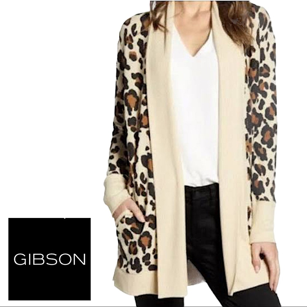 Gibson Leopard Print Open Front Long Cardigan